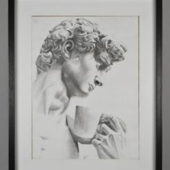 Graphite drawing of the David statue drinking coffee