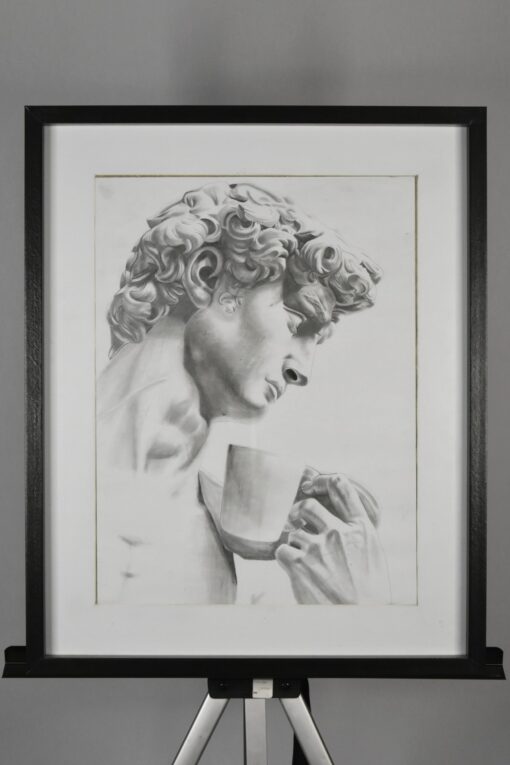 Graphite drawing of the David statue drinking coffee